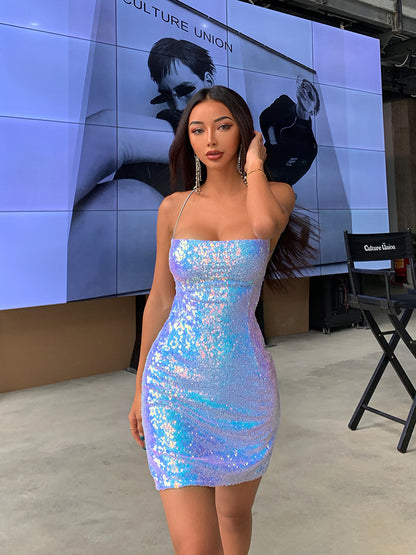 Backless Sequin Dress with Off-Shoulder Design