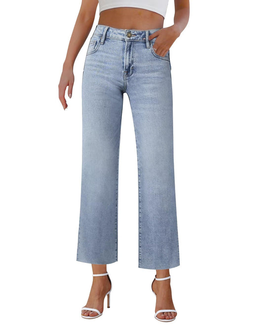 LOOKUB Wide Leg Jeans Woman Straight Leg Jeans for Women Stretchy High Waisted Crop Capri Woman Jeans with Raw HemLightBlueUS12