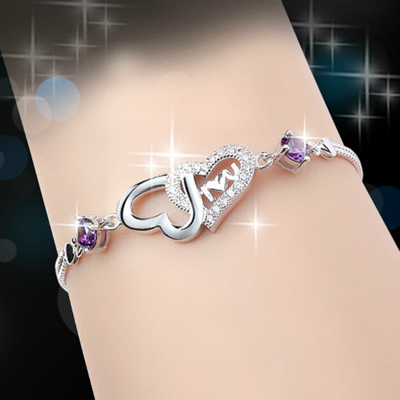 925 Silver Crystal Double Heart Bracelet