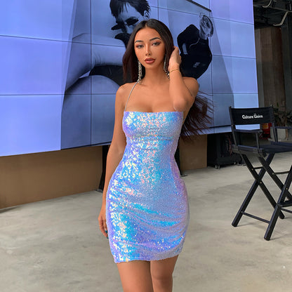 Backless Sequin Dress with Off-Shoulder Design