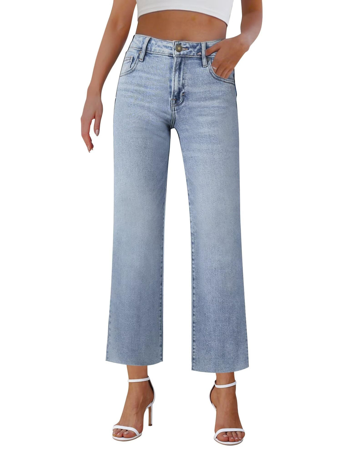 LOOKUB Wide Leg Jeans Woman Straight Leg Jeans for Women Stretchy High Waisted Crop Capri Woman Jeans with Raw HemLightBlueUS12