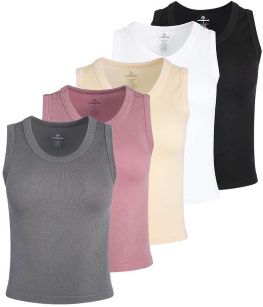 5 Pack Womens Tank Top Crop Tops Scoop Neck Cropped Workout Cute Woman Tanks Seamless Ribbed Sleeveless Yoga Athletic Clothes Seamless Summer
