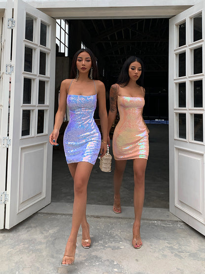 Backless Sequin Dress with Off-Shoulder Design